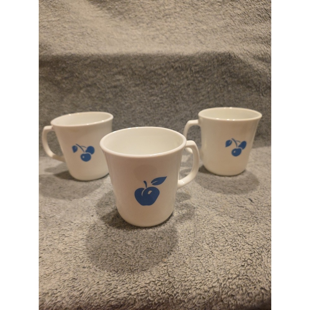 3 Coffee Cups White Blue Apple & Cherry EVE Pattern Corning Corelle Microwave OK